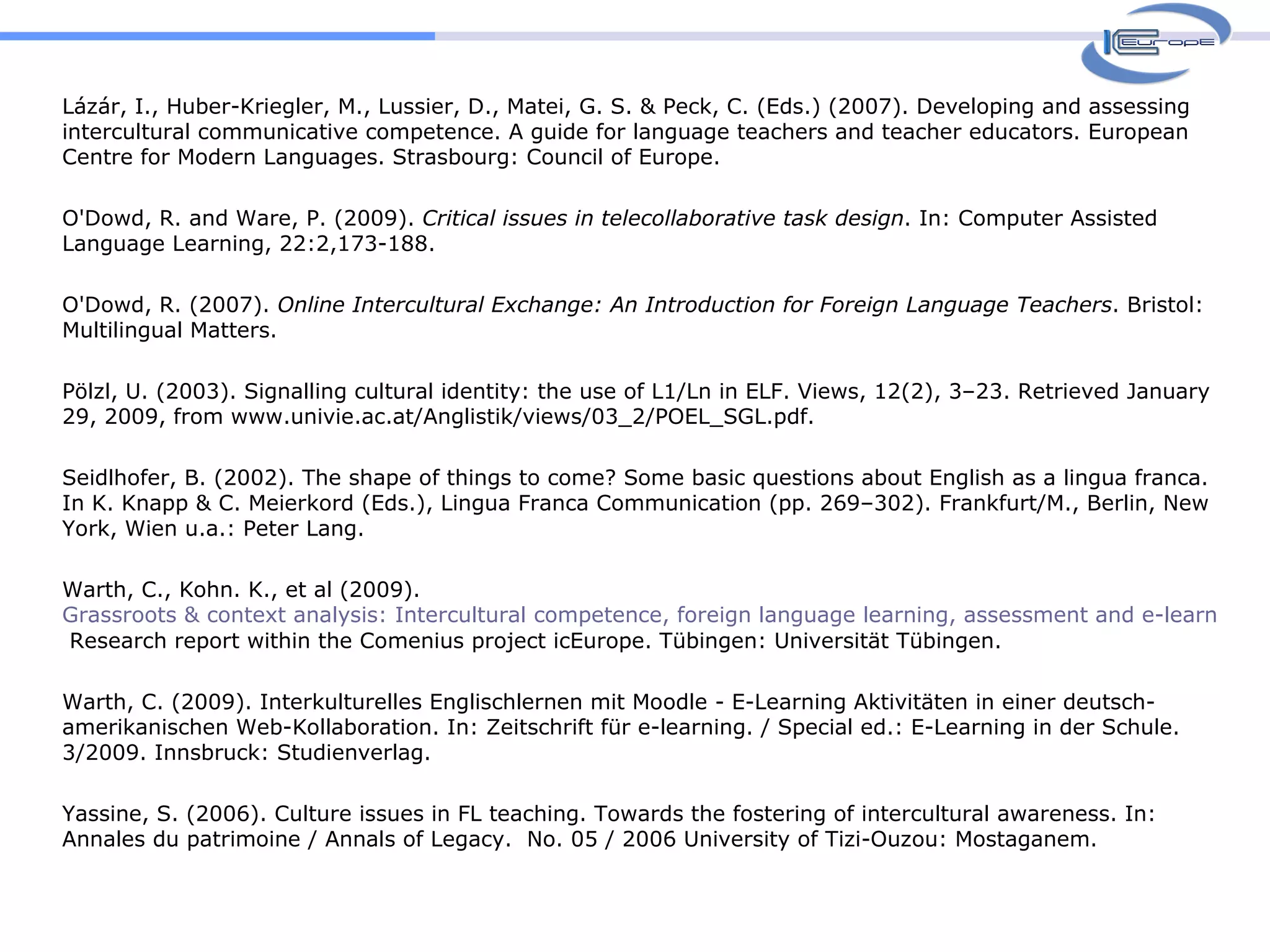 Lázár, I., Huber-Kriegler, M., Lussier, D., Matei, G. S. & Peck, C. (Eds.) (2007). Developing and assessing intercultural communicative competence. A guide for language teachers and teacher educators. European Centre for Modern Languages. Strasbourg: Council of Europe. O'Dowd, R. and Ware, P. (2009).  Critical issues in telecollaborative task design . In: Computer Assisted Language  Learning, 22:2,173-188. O'Dowd, R. (2007).  Online Intercultural Exchange: An Introduction for Foreign Language Teachers . Bristol:  Multilingual Matters. Pölzl, U. (2003). Signalling cultural identity: the use of L1/Ln in ELF. Views, 12(2), 3–23. Retrieved January 29, 2009, from www.univie.ac.at/Anglistik/views/03_2/POEL_SGL.pdf. Seidlhofer, B. (2002). The shape of things to come? Some basic questions about English as a lingua franca. In K. Knapp & C. Meierkord (Eds.), Lingua Franca Communication (pp. 269–302). Frankfurt/M., Berlin, New York, Wien u.a.: Peter Lang. Warth, C., Kohn. K., et al (2009).  Grassroots & context analysis: Intercultural competence, foreign language learning, assessment and e-learning for intercultural web collaboration projects.  Research report within the Comenius project icEurope. Tübingen: Universität Tübingen. Warth, C. (2009). Interkulturelles Englischlernen mit Moodle - E-Learning Aktivitäten in einer deutsch-amerikanischen Web-Kollaboration. In: Zeitschrift für e-learning. / Special ed.: E-Learning in der Schule. 3/2009. Innsbruck: Studienverlag. Yassine, S. (2006). Culture issues in FL teaching. Towards the fostering of intercultural awareness. In: Annales du patrimoine / Annals of Legacy.  No. 05 / 2006 University of Tizi-Ouzou: Mostaganem. 