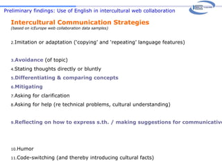 Preliminary findings: Use of English in intercultural web collaboration Intercultural Communication Strategies  (based on icEurope web collaboration data samples) Imitation or adaptation (‘copying’ and ‘repeating’ language features) Avoidance   (of topic) Stating thoughts directly or bluntly Differentiating & comparing concepts Mitigating Asking for clarification Asking for help (re technical problems, cultural understanding)  Reflecting on how to express s.th. / making suggestions for communicative moves Humor Code-switching (and thereby introducing cultural facts) 