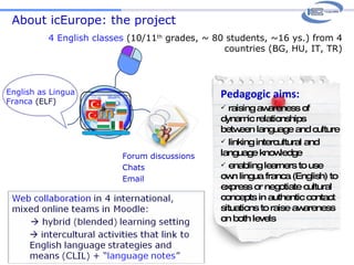 About icEurope: the project 4 English classes  (10/11 th  grades, ~ 80 students, ~16 ys.) from 4 countries (BG, HU, IT, TR) Pedagogic aims:   raising awareness of dynamic relationships between language and culture linking intercultural and language knowledge enabling learners to use own lingua franca (English) to express or negotiate cultural concepts in authentic contact situations to raise awareness on both levels  Forum discussions Chats Email English as Lingua Franca  (ELF) 