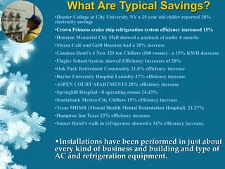 What Are Typical Savings?
•Hunter College at City University NY a 25 year old chiller reported 28%
electricity savings
•Crown Princess cruise ship refrigeration system efficiency increased 15%
•Houston Memorial City Mall showed a payback of under 6 months
•Mezza Café and Grill Houston had a 20% increase
•Condesa Hotel’s 4 New 325 ton Chillers (500 rooms) - a 15% KWH decrease
•Flagler School System showed Efficiency Increases of 28%
•Oak Park Retirement Community 21.6% efficiency increase
•Baylor University Hospital Laundry 37% efficiency increase
•ASPEN COURT APARTMENTS 28% efficiency increase
•Springhill Hospital - 8 operating rooms 24.43%
•Scotiabank Mexico City Chillers 15% efficiency increase
•Texas MHMR (Mental Health Mental Retardation Hospital) 21.27%
•Hampton Inn Texas 23% efficiency increase
•Sunset Hotel’s walk in refrigerator showed a 34% efficiency increase.
•Installations have been performed in just about
every kind of business and building and type of
AC and refrigeration equipment.
 