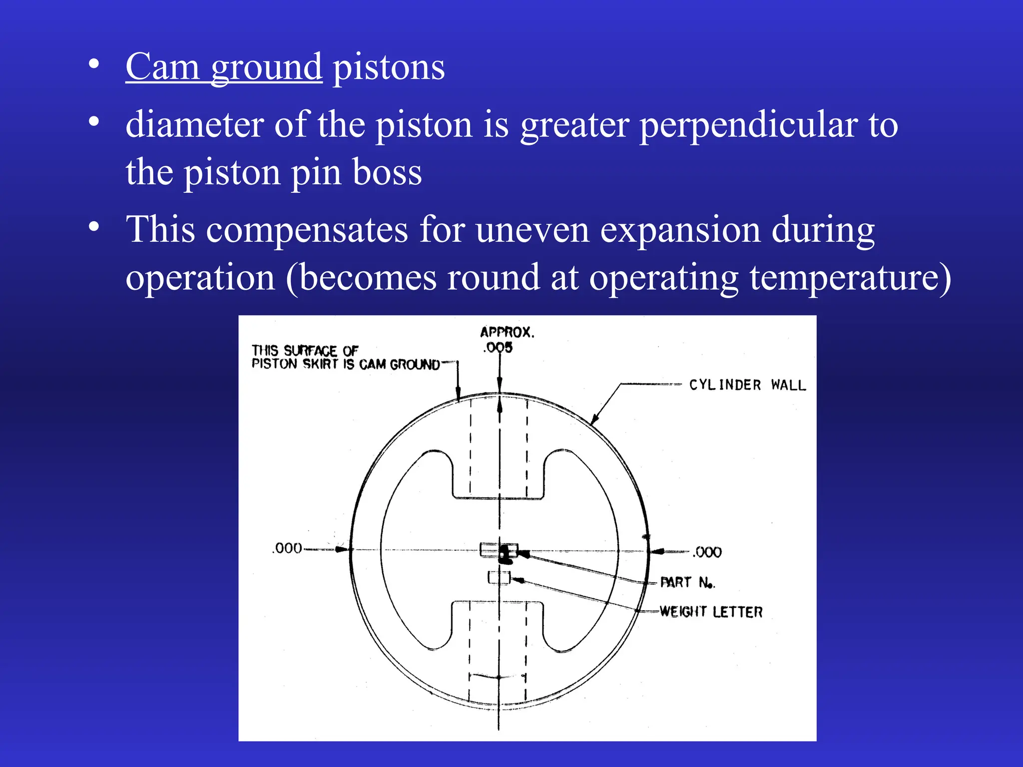 • Cam ground pistons
• diameter of the piston is greater perpendicular to
the piston pin boss
• This compensates for uneven expansion during
operation (becomes round at operating temperature)
 