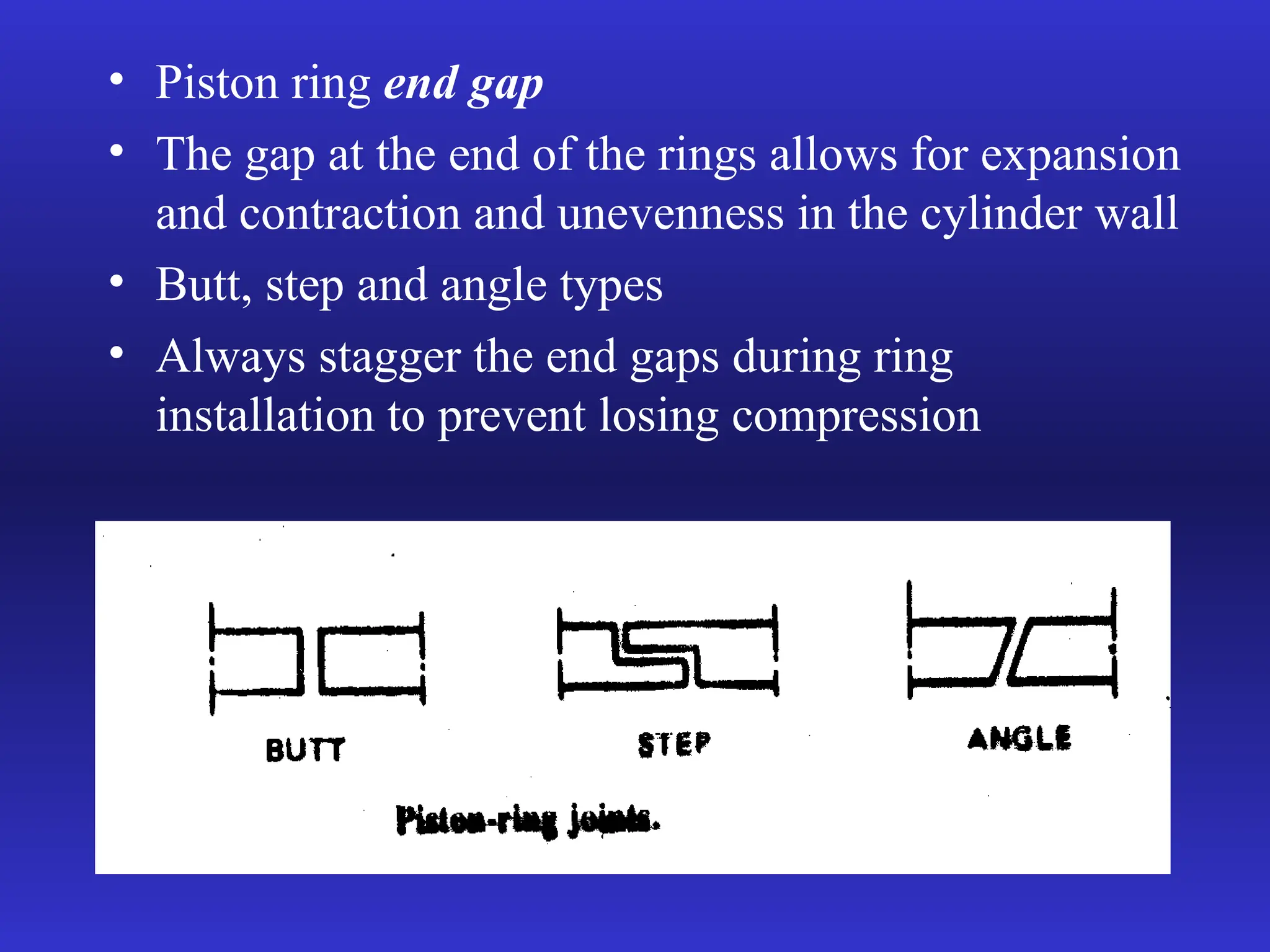 • Piston ring end gap
• The gap at the end of the rings allows for expansion
and contraction and unevenness in the cylinder wall
• Butt, step and angle types
• Always stagger the end gaps during ring
installation to prevent losing compression
 