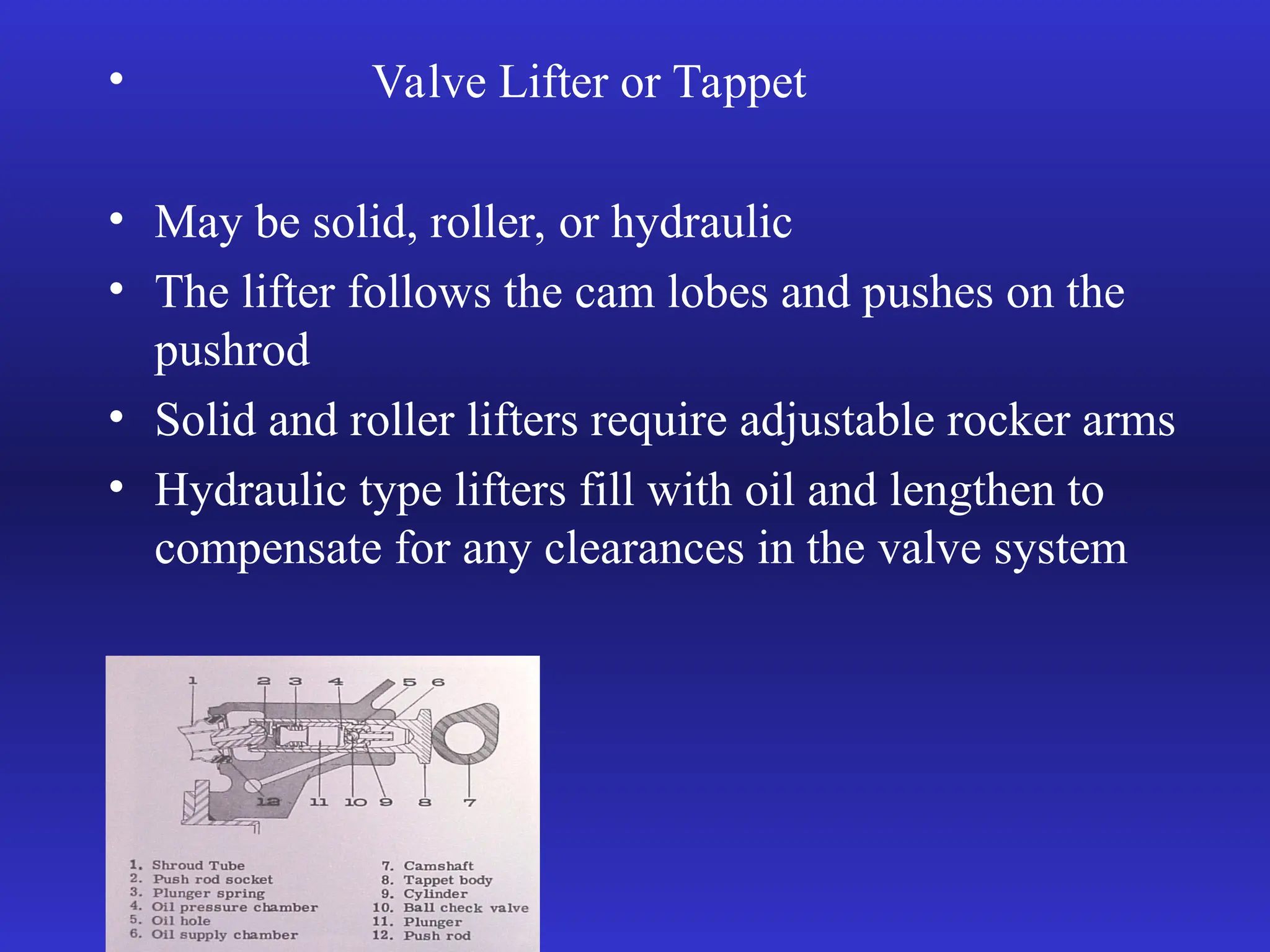 • Valve Lifter or Tappet
• May be solid, roller, or hydraulic
• The lifter follows the cam lobes and pushes on the
pushrod
• Solid and roller lifters require adjustable rocker arms
• Hydraulic type lifters fill with oil and lengthen to
compensate for any clearances in the valve system
 