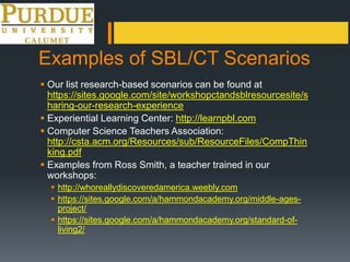 Examples of SBL/CT Scenarios
 Our list research-based scenarios can be found at
https://sites.google.com/site/workshopctandsblresourcesite/s
haring-our-research-experience
 Experiential Learning Center: http://learnpbl.com
 Computer Science Teachers Association:
http://csta.acm.org/Resources/sub/ResourceFiles/CompThin
king.pdf
 Examples from Ross Smith, a teacher trained in our
workshops:
 http://whoreallydiscoveredamerica.weebly.com
 https://sites.google.com/a/hammondacademy.org/middle-ages-
project/
 https://sites.google.com/a/hammondacademy.org/standard-of-
living2/
 