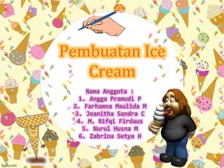 Pembuatan Ice 
Cream 
Nama Anggota : 
1. Angga Pramudi P 
2. Farhamna Maulida M 
3. Jeanitha Sandra C 
4. M. Rifqi Firdaus 
5. Nurul Husna M 
6. Zabrina Setya H 
 