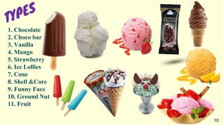 1. Chocolate
2. Choco bar
3. Vanilla
4. Mango
5. Strawberry
6. Ice Lollies
7. Cone
8. Shell &Core
9. Funny Face
10. Ground Nut
11. Fruit
10
 