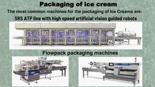 Packaging of ice cream
The most common machines for the packaging of Ice Creams are:
SRS ATP line with high speed artificial vision guided robots
Flowpack packaging machines
 