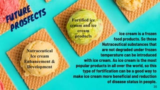 Ice cream is a frozen
food products. So those
Nutraceutical substances that
are not degraded under frozen
temperature can be introduced
with ice cream. As ice cream is the most
popular products in all over the world, so this
type of fortification can be a good way to
make ice cream more beneficial and reduction
of disease status in people.
Nutraceutical
Ice cream
Enhancement &
Development
35
Fortified ice
cream and ice
cream
products
 