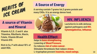 Lactoferrin in milk defense
against pathogens and HIV,
Cytomegalovirus, Influenza
Vitamin A,C,D , E and K also
Thiamine, Riboflavin, Niacin,
Folate, Vitamin B6 and
Vitamin B12.
Rich in Ca, P with about 10% of
adult RDA.
A source of Vitamin
and Mineral
HIV, INFLUENZA
A serving contain 7 grams fat,2 grams protein and
many CHOs. It is an energy dense food.
Helps in bone strengthening.
Lowering of Blood Pressure.
Ca reduces risk of colon cancer.
Stimulate thrombosis that reduce stress.
L-tryptophan prevent insomnia, mood swings.
Health Effect
A Source of Energy
39
 