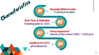 01
02
03
04
Normally White in color
If coloring is not added
Soft, Firm, & Malleable
Freezing point is -2.5 C
Glossy Appearance
Density of Mix is about 1.0554 – 1.1232 g/ml
Acidity is 0.1-0.2%
pH is about 6.3
7
 