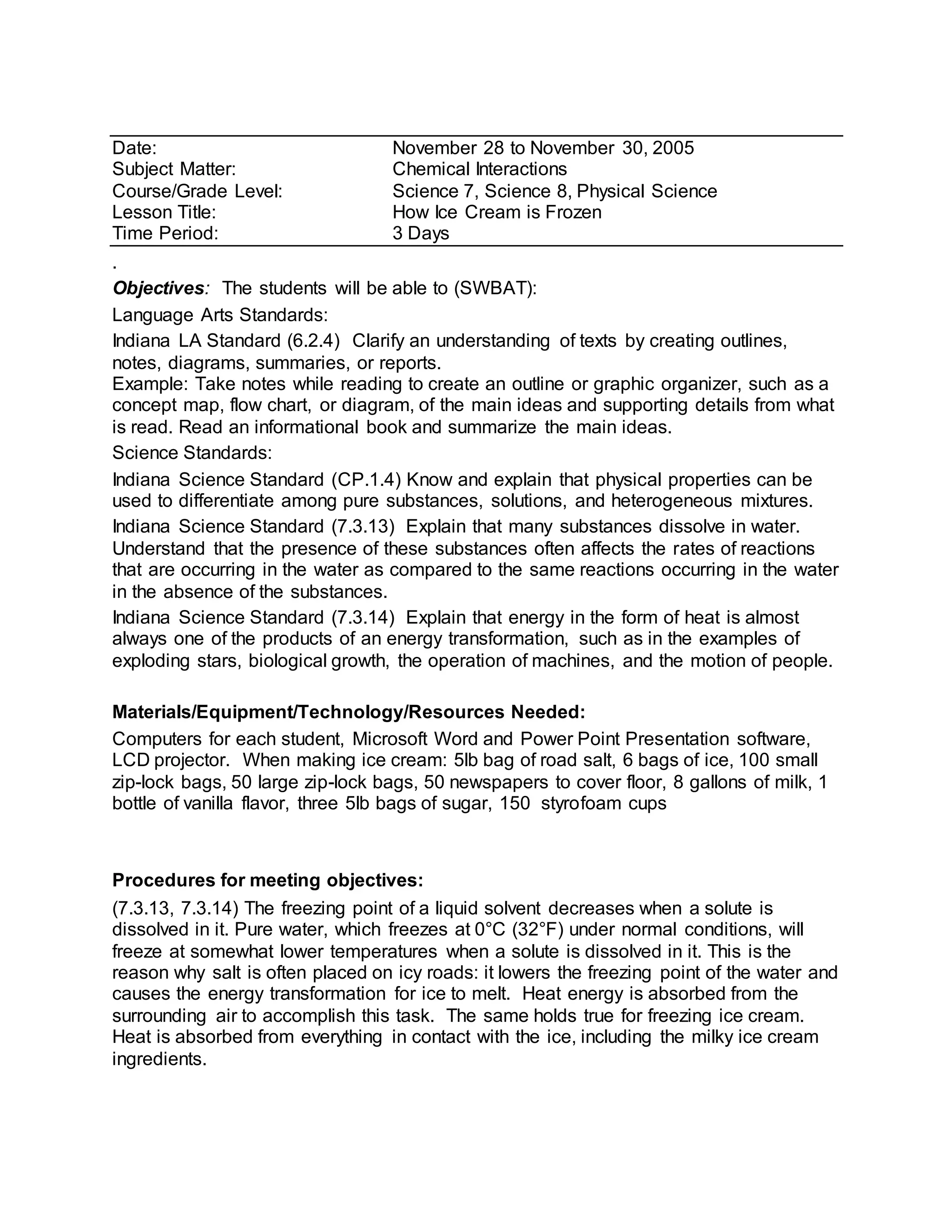 Ice cream lesson plans PDF