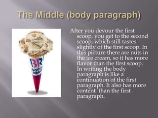 The Middle (body paragraph)After you devour the first scoop, you get to the second scoop, which still tastes slightly of the first scoop. In this picture there are nuts in the ice cream, so it has more flavor than the first scoop. In writing the body paragraph is like a continuation of the first paragraph. It also has more content  than the first paragraph.
