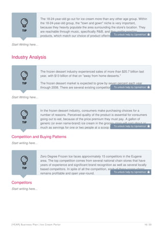 Start Writing here...
The 18-24-year-old go out for ice cream more than any other age group. Within
the 18-24-year-old group, the "town and gown" niche is very important,
because they heavily populate the area surrounding the store's location. They
are reachable through music, specifically R&B, and they prefer prestige
products, which match our choice of product offering.
Industry Analysis
Start Writing here...
The frozen dessert industry experienced sales of more than $20.7 billion last
year, with $13 billion of that on "away from home desserts."
The frozen dessert market is expected to grow by seven percent each year
through 2008. There are several existing competitors in the community,
including Pearl Street Ice Cream Parlour, Dairy Queen, Ben and Jerry's
Competition and Buying Patterns
Start writing here...
In the frozen dessert industry, consumers make purchasing choices for a
number of reasons. Perceived quality of the product is essential for consumers
going out to eat, because of the price premium they must pay. A gallon of
generic (or even name-brand) ice cream in the grocery store will cost about as
much as servings for one or two people at a scoop shop. Most of our
Competitors
Start writing here...
Zero Degree Frozen Ice faces approximately 15 competitors in the Eugene
area. The top competition comes from several national chain stores that have
years of experience and significant brand recognition as well as several locally
based competitors. In spite of all the competition, each of these scoop shops
remains profitable and open year-round.
To unlock help try Upmetrics! 
To unlock help try Upmetrics! 
To unlock help try Upmetrics! 
To unlock help try Upmetrics! 
[YEAR] Business Plan | Ice Cream Parlor 16 / 33
 