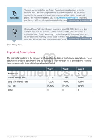 The last component of an Ice Cream Parlor business plan is an in-depth
financial plan. The financial plan crafts a detailed map of all the expenses
needed for the startup and how these expenses will be met by the earned
profits. It is recommended that you use our financial planning tool for guiding
you through all financial aspects needed to be considered for starting an Ice
Cream Parlor business.
Start Writing here...
Rowland Pence's Frozen Custard expects to raise $70,000 in long-term debt
with $25,000 from the owners. A short term loan of $5,000 will be used to
maintain a level of cash necessary to maintain expected inventory levels and
to buy additional inventory should sales be higher than expected. The long-
term debt will be paid back over the next ten years. No other immediate
Important Assumptions
The financial projections of the company are forecast on the basis of the following assumptions. These
assumptions are quite conservative and are expected to show deviation but to a limited level such that
the company’s major financial strategy will not be affected.
Year 1 Year 2 Year 3
Plan Month 1 2 3
Current Interest Rate 10,00% 11,00% 12,00%
Long-term Interest Rate 10,00% 10,00% 10,00%
Tax Rate 26,42% 27,76% 28,12%
Other 0 0 0
To unlock help try Upmetrics! 
To unlock help try Upmetrics! 
[YEAR] Business Plan | Ice Cream Parlor 24 / 33
 