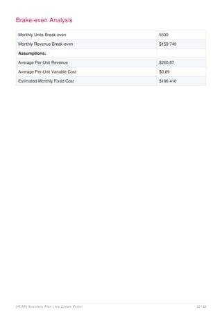 Brake-even Analysis
Monthly Units Break-even 5530
Monthly Revenue Break-even $159 740
Assumptions:
Average Per-Unit Revenue $260,87
Average Per-Unit Variable Cost $0,89
Estimated Monthly Fixed Cost $196 410
[YEAR] Business Plan | Ice Cream Parlor 25 / 33
 
