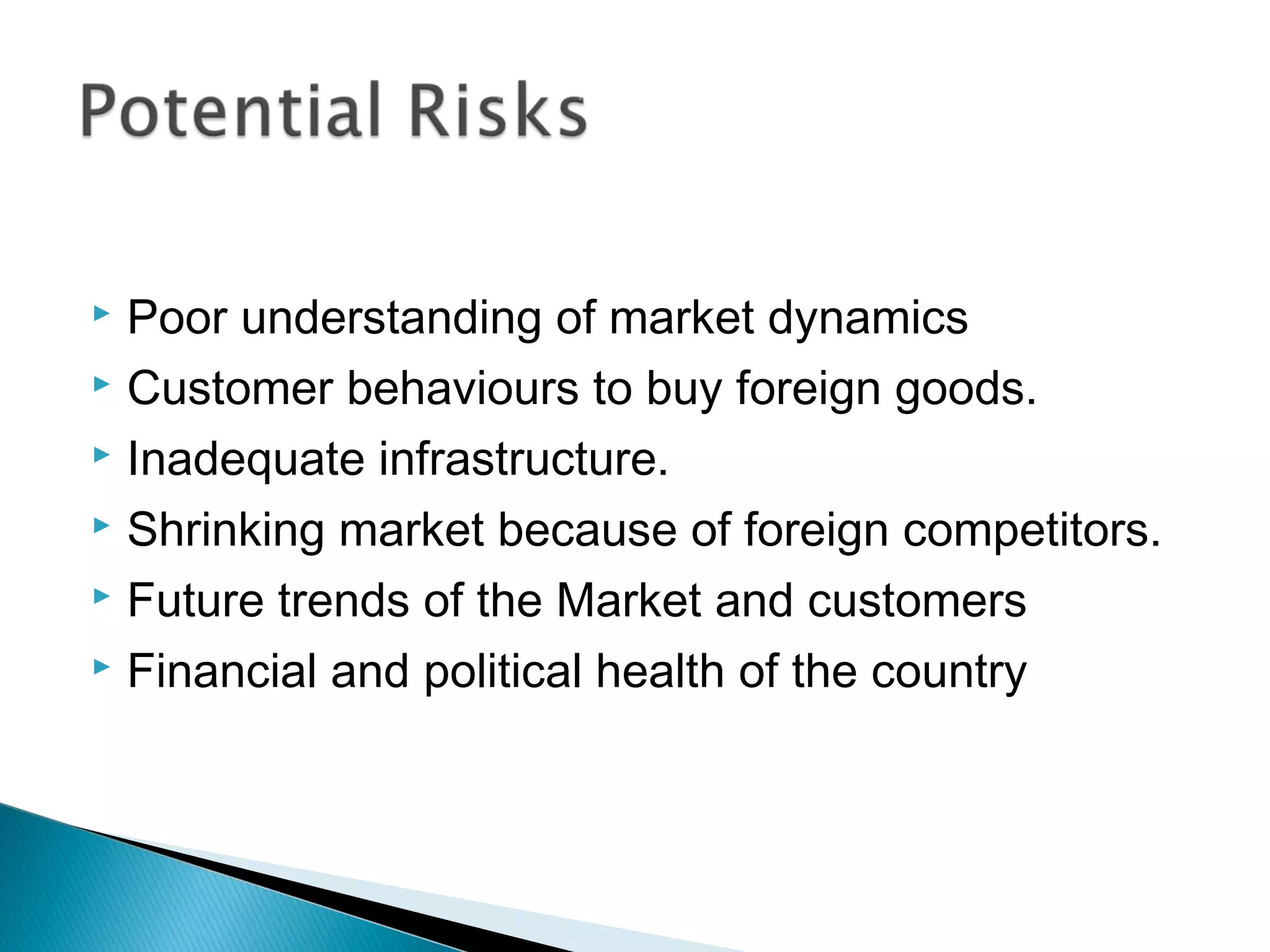  Poor understanding of market dynamics
 Customer behaviours to buy foreign goods.

 Inadequate infrastructure.

 Shrinking market because of foreign competitors.

 Future trends of the Market and customers

 Financial and political health of the country
 