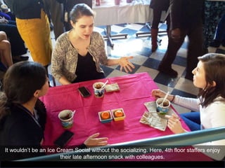 It wouldn’t be an Ice Cream Social without the socializing. Here, 4th floor staffers enjoy
                       their late afternoon snack with colleagues.
 
