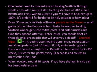 - One healer need to concentrate on healing Valithria through
  whole encounter. You will start healing Valithria at 50% of her
  health, and if you wanna succeed you will have to heal her up to
  100%. It’s prefered for healer to be holy paladin or holy priest
- Every 30 seconds Valithria will make portals to the Dream – small
  green orbs on the floor near her. Healer focused on healing
  Valithria wanna get close to the portal and enter inside each
  time they appear. After you enter inside, you should float up
  through small green orbs that will give you a debuff – Emerald
  Vigor       – increasing your healing done, mana regeneration
  and damage done (but it’s better if only main healer goes in
  there and collect enough orbs). Debuff can be stacked up to 100
  stacks, just enter the portal every 30 seconds and collect as
  many orbs as you can.
- When you get around 90 stacks, if you have shaman in raid call
  for bloodlust/heroism
 