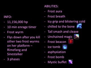 ABILITIES:
                             - Frost aura
INFO:                        - Frost breath
- 11,156,000 hp              - Icy grip and blistering cold
- 10 min enrage timer        - chilled to the bone
- Frost wyrm                 - Tail smash and cleave
- Flys down after you kill   - Unchained magic
  other two frost wyrms      - Frost beacon
  on her platform –          - ice tomb
  Rimefang and
                             - asphyxiation
  Sinestalker
                             - Frost bomb
- 3 phases
                             - Mystic buffet
 