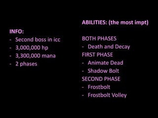 ABILITIES: (the most impt)
INFO:
- Second boss in icc
- 3,000,000 hp
- 3,300,000 mana
- 2 phases

BOTH PHASES
- Death and Decay
FIRST PHASE
- Animate Dead
- Shadow Bolt
SECOND PHASE
- Frostbolt
- Frostbolt Volley

 