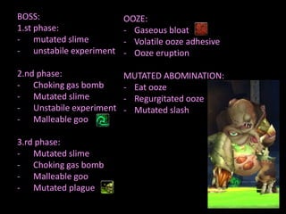 BOSS:
1.st phase:
- mutated slime
- unstabile experiment

OOZE:
- Gaseous bloat
- Volatile ooze adhesive
- Ooze eruption

2.nd phase:
- Choking gas bomb
- Mutated slime
- Unstabile experiment
- Malleable goo

MUTATED ABOMINATION:
- Eat ooze
- Regurgitated ooze
- Mutated slash

3.rd phase:
- Mutated slime
- Choking gas bomb
- Malleable goo
- Mutated plague

 