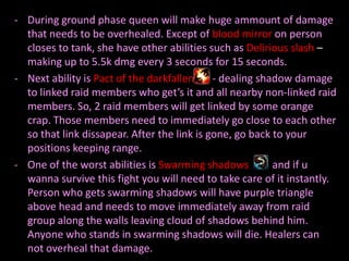 - During ground phase queen will make huge ammount of damage
that needs to be overhealed. Except of blood mirror on person
closes to tank, she have other abilities such as Delirious slash –
making up to 5.5k dmg every 3 seconds for 15 seconds.
- Next ability is Pact of the darkfallen
- dealing shadow damage
to linked raid members who get’s it and all nearby non-linked raid
members. So, 2 raid members will get linked by some orange
crap. Those members need to immediately go close to each other
so that link dissapear. After the link is gone, go back to your
positions keeping range.
- One of the worst abilities is Swarming shadows
and if u
wanna survive this fight you will need to take care of it instantly.
Person who gets swarming shadows will have purple triangle
above head and needs to move immediately away from raid
group along the walls leaving cloud of shadows behind him.
Anyone who stands in swarming shadows will die. Healers can
not overheal that damage.

 