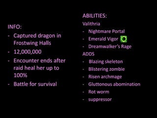 ABILITIES:
INFO:
- Captured dragon in
Frostwing Halls
- 12,000,000
- Encounter ends after
raid heal her up to
100%
- Battle for survival

Valithria
- Nightmare Portal
- Emerald Vigor
- Dreamwalker’s Rage
ADDS
- Blazing skeleton
- Blistering zombie
- Risen archmage
- Gluttonous abomination
- Rot worm
- suppressor

 
