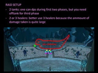 RAID SETUP
- 2 tanks: one can dps during first two phases, but you need
offtank for third phase
- 2 or 3 healers: better use 3 healers because the ammount of
damage taken is quite large

 