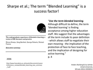 Sharpe et al.; The term ”Blended Learning” is a
success factor!
2006
“Use the term blended learning.
Although difficult to define, the term
‘blended learning’ is finding
acceptance among higher education
staff. We suggest that the advantages
of the term include its poor definition
- which allows staff to negotiate their
own meaning - the implication of the
protection of face to face teaching,
and the implication of designing for
active learning.”
p. 4
http://www.heacademy.ac.uk/assets/documents/researc
h/literature_reviews/blended_elearning_exec_summary
_1.pdf
Anders Norberg & Isa Jahnke
Umeå University
18 June 2014, ICED2014
 