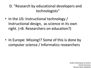 D. ”Research by educational developers and
technologists”
• In the US: Instructional technology /
Instructional design, as science in its own
right. (=B. Researchers on education?)
• In Europe: Missing!? Some of this is done by
computer science / Informatics researchers
Anders Norberg & Isa Jahnke
Umeå University
18 June 2014, ICED2014
 