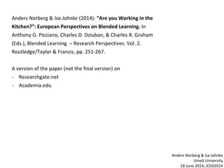 Anders Norberg & Isa Jahnke (2014): “Are you Working in the
Kitchen?”: European Perspectives on Blended Learning. In
Anthony G. Picciano, Charles D. Dziuban, & Charles R. Graham
(Eds.), Blended Learning – Research Perspectives. Vol. 2.
Routledge/Taylor & Francis, pp. 251-267.
A version of the paper (not the final version) on
- Researchgate.net
- Academia.edu
Anders Norberg & Isa Jahnke
Umeå University
18 June 2014, ICED2014
 