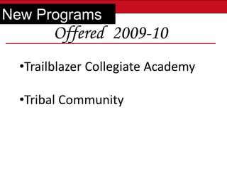New Programs
        Offered 2009-10
  •Trailblazer Collegiate Academy

  •Tribal Building Our Future
          Community
 
