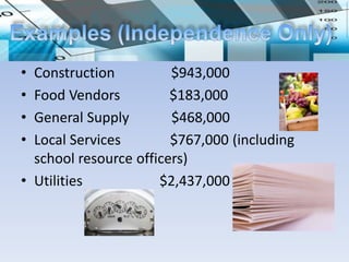 School District Revenue
• Construction          $943,000
• Food Vendors          $183,000
• General Supply        $468,000
• Local Services        $767,000 (including
  school resource officers)
• Utilities           $2,437,000
 