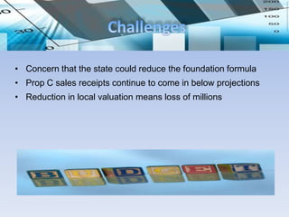 • Concern that the state could reduce the foundation formula
• Prop C sales receipts continue to come in below projections
• Reduction in local valuation means loss of millions
 