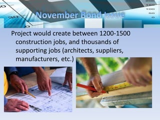 Project would create between 1200-1500
 construction jobs, and thousands of
 supporting jobs (architects, suppliers,
 manufacturers, etc.)
 