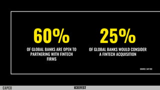 ICEEFEST
60%OF GLOBAL BANKS ARE OPEN TO
PARTNERING WITH FINTECH
FIRMS
25%OF GLOBAL BANKS WOULD CONSIDER
A FINTECH ACQUISITION
SOURCE: SAP/IDC
 