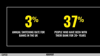 ICEEFEST
3ANNUAL SWITCHING RATE FOR
BANKS IN THE UK
37PEOPLE WHO HAVE BEEN WITH
THEIR BANK FOR 20+ YEARS
% %
 