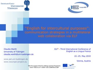 “ English for intercultural purposes”:  communication strategies in a multilateral web collaboration via ELF With the support of the EU Lifelong Learning Programme Grant 142672-LLP-1-2008-1-DE-COMENIUS-CMP Claudia Warth University of Tübingen  [email_address] www.ael.uni-tuebingen.de www.iceurope-project.eu   ELF 3   -  Third International Conference of English as a Lingua Franca 22.-25. May 2010 Vienna, Austria 