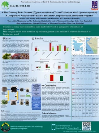 International Conference on Earth & Environmental Science and Technology
Poster ID: ICBE-P-006
A Blue Economy Issue: Seaweed (Hypnea musciformis) Versus Freshwater Weed (Ipomoea aquatica):
A Comparative Analysis on the Basis of Proximate Composition and Antioxidant Properties
Saad Al-din Sifata, Mohammad Afzal Hossaina, Md. Solaiman Hossainb
aDept. of Food Engineering and Tea Technology, Shahjalal University of Science and Technology, Sylhet-3114, Bangladesh
bDept. of Oceanography, Shahjalal University of Science and Technology, Sylhet-3114, Bangladesh
Scan the QR code &
download this Poster Now!!
Shahjalal University of Science and Technology,
Sylhet-3114, Bangladesh
15.953
0.282
37.464
25.154
22.56
6.01
0.24
16.63
27.597
12.65
0
5
10
15
20
25
30
35
40
Percentage(%)
Proximate Compositions
Hypnea musiformis Ipomoea aquatica
19.9
72.86
14.09 15.9
0
20
40
60
80
TAC(%) DPPH(%)
Percentage(%)
Total Antioxidant capacity and
DPPH
Hypnea musiformis Ipomoea aquatica
11.37
9.4
0
2
4
6
8
10
12
Hypnea musiformis Ipomoea aquatica
(mgGA/g)
Phenolics Content
31.59
51.52
0
10
20
30
40
50
60
Hypnea
musiformis
Ipomoea
aquatica
(mg/g)
Carotenoids
Fig. The sampling area of Cox’s Bazar, Bangladesh
Study
Area
Ash Moist
ure
Protein Lipid Carboh
ydrate
Refere
nces
Cox’s
Bazar
22.56±0
.497
25.154
±0.91
15.953±
1.27
0.282
±0.05
37.464±
1.02
This
Study
Saint
Martin
24.31±0
.5
9.76 ±
1.4
13.73±0.
8
0.34±
0.4
46.26±0
.6
(Khan
et al.)
Persia
Gulf
of Iran
21.8±0.
69
10.8±0
.35
16.5±2.7
8
2.8±0
.67
31.8±1.
34
(Roha
ni-
Ghadi
kolaei
et al.,
2012)
Saint
Martin
18.65 12.35 16.31 1.56 22.89 (Siddi
que et
al.,
2013)
Table 1. Seaweed proximate compositions of other
reports with this study.
Seaweed is verily more compatible than freshwater weed in perspective of numbers of
parameters.
One can gain much more nutrition by consuming exact same amount of seaweed in contrast to
freshwater weed.
Intro
Macro-algae or “seaweeds” are multicellular plants that
are found in the coastal sea areas. They belong to the
lower plants, meaning that they do not have roots,
stems, and leaves. Instead they are composed of a leaf-
like thallus and sometimes a stem and a foot called
holdfast. Seaweeds have been an important dietary
component since, at fourth century in Japan and at sixth
century in China. In Korea also the consumption of
seaweeds is a common practice (1). Based on their
pigmentation seaweeds were classified into Chlorophyta
(green algae), Rhodophyta (Red algae) and Phaeophyta
(Brown algae).
Fig. Common green, red and brown seaweed species(from
left to right)
Water spinach (Ipomoea aquatica), a freshwater weed
which originated in China and is a commonly grown and
consumed leafy green vegetable in China and other
Asian countries in summer and autumn, is a rich source
of carotenoids with many health benefits. Ipomoea
aquatica is an important aquatic vegetable in southern
Asia, India, and southern China. It is a herbaceous
perennial plant belonging to the family Convolvulaceae.
References
1) Gates, K.W. (2009), Marine Products for Healthcare: Functional and Bioactive Nutraceutical Compounds from the Ocean,
Vazhiyil Venugopal: Functional Foods and Nutraceuticals Series. Boca Raton, FL, USA. CRC Press Taylor and Francis Group.
527 pages. $169.95. 2010, Taylor & Francis.
2) Prieto, P., Pineda, M., & Aguilar, M. (1999). Spectrophotometric quantitation of antioxidant capacity through the formation of
a phosphomolybdenum complex: specific application to the determination of vitamin E. Analytical biochemistry, 269(2), 337-341.
3) Yen, G.-C., & Chen, H.-Y. (1995). Antioxidant activity of various tea extracts in relation to their antimutagenicity. Journal of
agricultural and food chemistry, 43(1), 27-32.
4) Kähkönen, M. P., Hopia, A. I., Vuorela, H. J., Rauha, J.-P., Pihlaja, K., Kujala, T. S., & Heinonen, M. (1999). Antioxidant
activity of plant extracts containing phenolic compounds. Journal of agricultural and food chemistry, 47(10), 3954-3962.
5) Kirk, J., & Allen, R. (1965). Dependence of chloroplast pigment synthesis on protein synthesis: effect of actidione.
Biochemical and Biophysical Research Communications, 21(6), 523-530.
Results
Seaweed
(Hypnea
musciformis)
Freshwater
weed (Ipomoea
aquatica)
Extract
Total Antioxidant
(Prieto, Pineda, &
Aguilar, 1999) (2)
DPPH radical activity
(Yen & Chen, 1995)(3)
Phenolics
(Kähkönen et al.,
1999)(4)
Carotenoids
(Kirk & Allen, 1965)(5)
S
u
n
D
r
y
i
n
g
Extract
B
l
e
n
d
i
n
g
Sun Dry Sample
Protein
Kjeldahl method
Carbohydrate
Phenol-sulphuric
acid method
Ash
Muffle Furnace
Moisture
Oven Dryer
Lipid
Separating funnelPowder
Materials and Methods
The seaweed and water spinach used in this study were both collected
from the Kolatoli beach area, Cox’s Bazar in 2019. Both the seaweed and
freshwater weed samples were carefully sun-dried for 7-8 days and
powdered using blender. Proximate compositions were determined using
standard AOAC (2005) methods and antioxidant properties were
determined by methods as given below.
Conclusion
The red seaweed Hypnea musciformis, collected from
Kolatoli beach, Cox’s Bazar, Bangladesh, was considered
low calories food with high level of carbohydrates, proteins,
ashes and antioxidant activity in contrast to Ipomoea
aquatica, a leafy vegetable representing freshwater weed,
implying a promising role in food, feed, industrial
applications as well as medicinal uses. Due to their
investigated content, this seaweed offers a new potential
source for protein, carbohydrate, nutrients and also, high
level of bioactive compounds. So, the study suggests that
seaweeds should be used more as a food for human
consumption and also cultured commercially for its
numerous other possibilities. This study also shows a
protein-rich plant source that can be utilized to reduce the
protein deficiency of certain areas of Bangladesh as well as
other countries. Since macroalgae are common and largely
available in the coastal areas of Bangladesh, their
composition and antimicrobial properties made them
potential candidates in contrast to freshwater weed for
nutritional as well as medical applications.
Proxim
ate
composi
tions
Hypnea
muscifo
rmis
Ipomoe
a
aquatic
a
Brassi
ca
olerace
a
Nymph
aea
noucha
li
Amaran
thus
gangetic
us
Spina
cia
olerac
ea
Cucurb
ita
maxim
a
Protein
(%)
15.953 6.01 3.5 14.8 2.39 2.26 0.59
Carboh
ydrate
(%)
37.464 16.63 6.4 8.79 4.35 4.75 5.1
Fat (%) 0.282 0.24 0.4 2.8 0.19 0.21 0.08
Moistur
e (%)
25.154 27.597 85 6.4 90.75 89.93 93.33
Ash (%) 22.56 12.65 8.97 18.7 1.42 2.12 0.67
Referen
ces
This
study
This
study
(Sheel
a,
Nath,
2004)
(Banerj
ee &
Matai,
1990),
(Islam,
Khan, &
Akhtaru
zzaman,
2010)
(Islam
et al.,
2010)
(Islam
et al.,
2010)
Table 2. Proximate composition of some vegetables in
contrast to study samples.
The authors would like to express their gratitude to SUST
Research Center, Shahjalal University of Science & Technology,
Sylhet, Bangladesh for research funding
(Grant number PS/2019/1/25).
Acknowledgment
For more Info/Query: saadaldinsifat@gmail.com
 