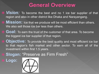  Vision: To become the best and no 1 ice bar supplier of that
region and also in other district like Dhaka and Narayangang.
 Mission: Ice that we produce will be most efficient than others.
We also sell those ice bar less than others.
 Goal: To earn the trust of the customer of that area. To become
the biggest ice bar supplier of that region.
 Objective: To provide the best quality and most efficient ice bar
to that region’s fish market and other sector. To earn all of the
investment within first 1.5 years.
 Slogan: “Preserve as Firm Fresh”
 Logo:
 