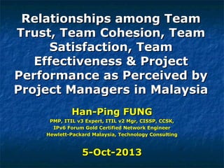 Relationships among TeamRelationships among Team
Trust, Team Cohesion, TeamTrust, Team Cohesion, Team
Satisfaction, TeamSatisfaction, Team
Effectiveness & ProjectEffectiveness & Project
Performance as Perceived byPerformance as Perceived by
Project Managers in MalaysiaProject Managers in Malaysia
Han-Ping FUNGHan-Ping FUNG
PMP, ITIL v3 Expert, ITIL v2 Mgr, CISSP, CCSK,PMP, ITIL v3 Expert, ITIL v2 Mgr, CISSP, CCSK,
IPv6 Forum Gold Certified Network EngineerIPv6 Forum Gold Certified Network Engineer
Hewlett-Packard Malaysia, Technology ConsultingHewlett-Packard Malaysia, Technology Consulting
5-Oct-20135-Oct-2013
 