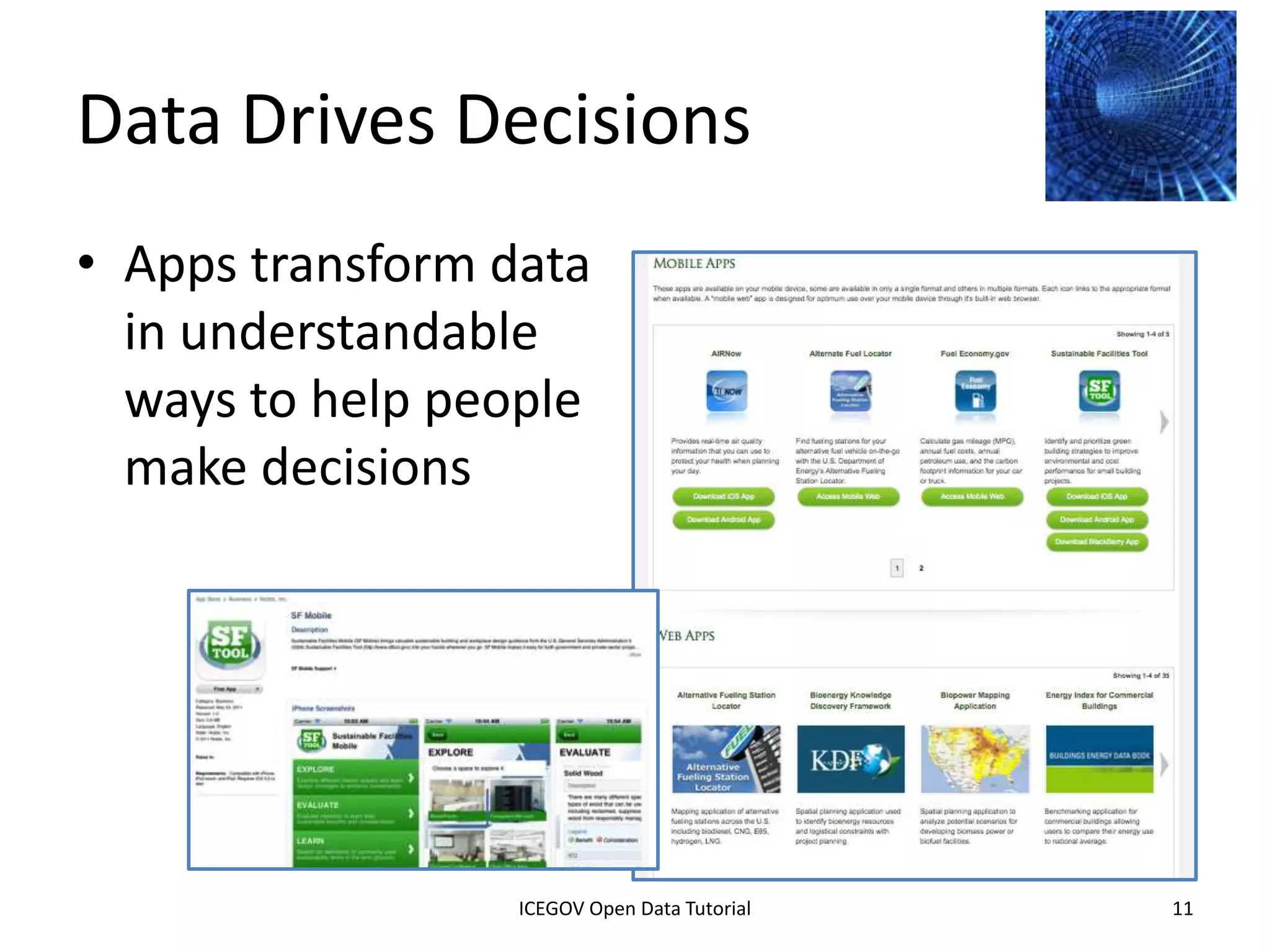 Data Drives Decisions
• Apps transform data
  in understandable
  ways to help people
  make decisions




              2012 INTERNATIONAL OPEN GOVERNMENT DATA CONFERENCE—OPEN GOV DATA TUTORIAL
9 July 2012                            ICEGOV Open Data Tutorial                          11
 
