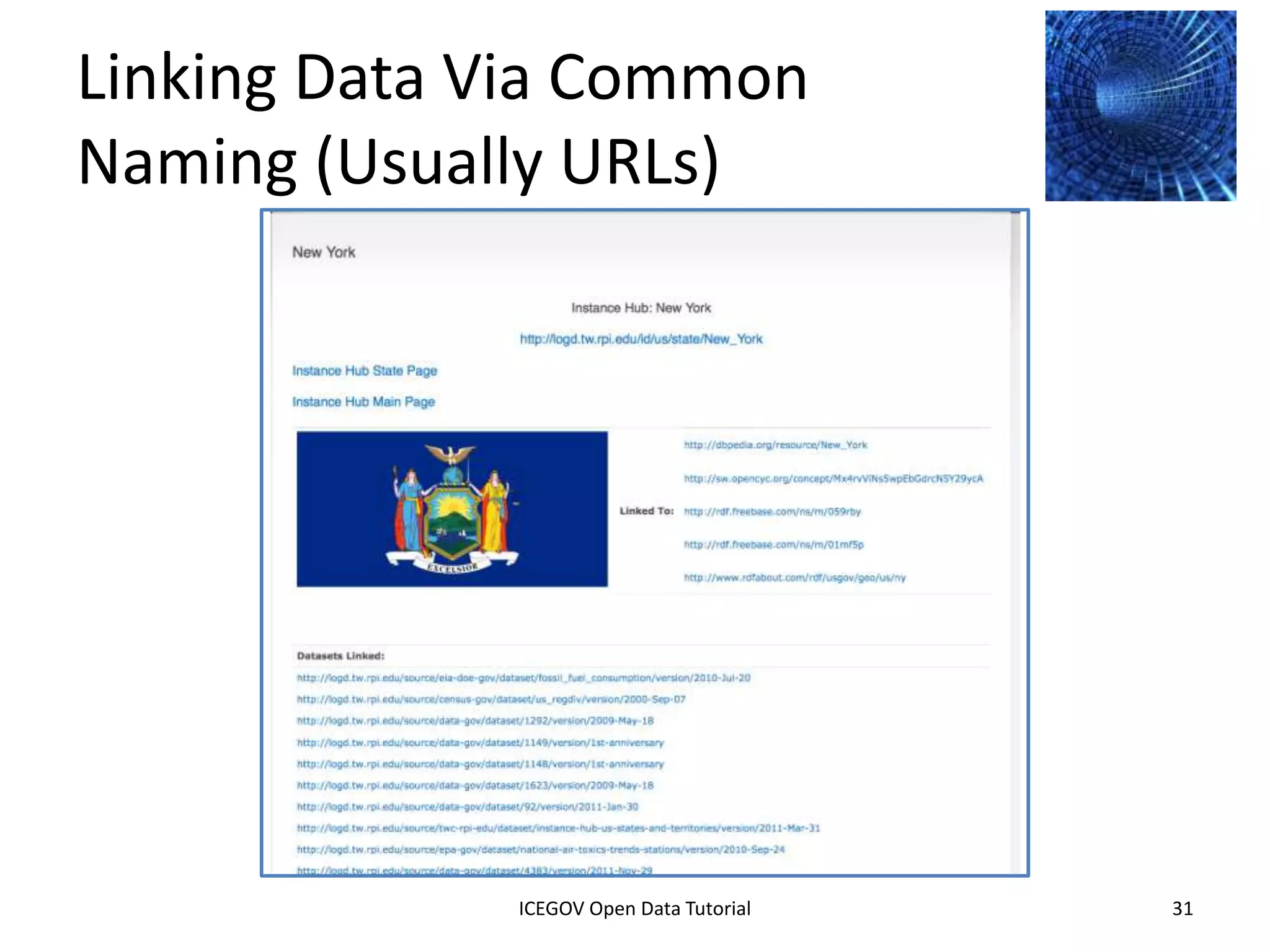 Semantic Web and Linked Data
 County Council

                                                                 Royal Mail




 Ordnance Survey




              2012 INTERNATIONAL OPEN GOVERNMENT DATA CONFERENCE—OPEN GOV DATA TUTORIAL
9 July 2012                            ICEGOV Open Data Tutorial                          31
 