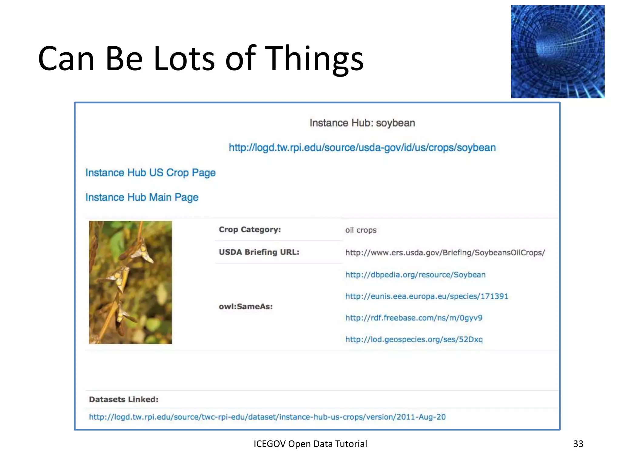 Example: Agency Names




              2012 INTERNATIONAL OPEN GOVERNMENT DATA CONFERENCE—OPEN GOV DATA TUTORIAL
9 July 2012                            ICEGOV Open Data Tutorial                          33
 