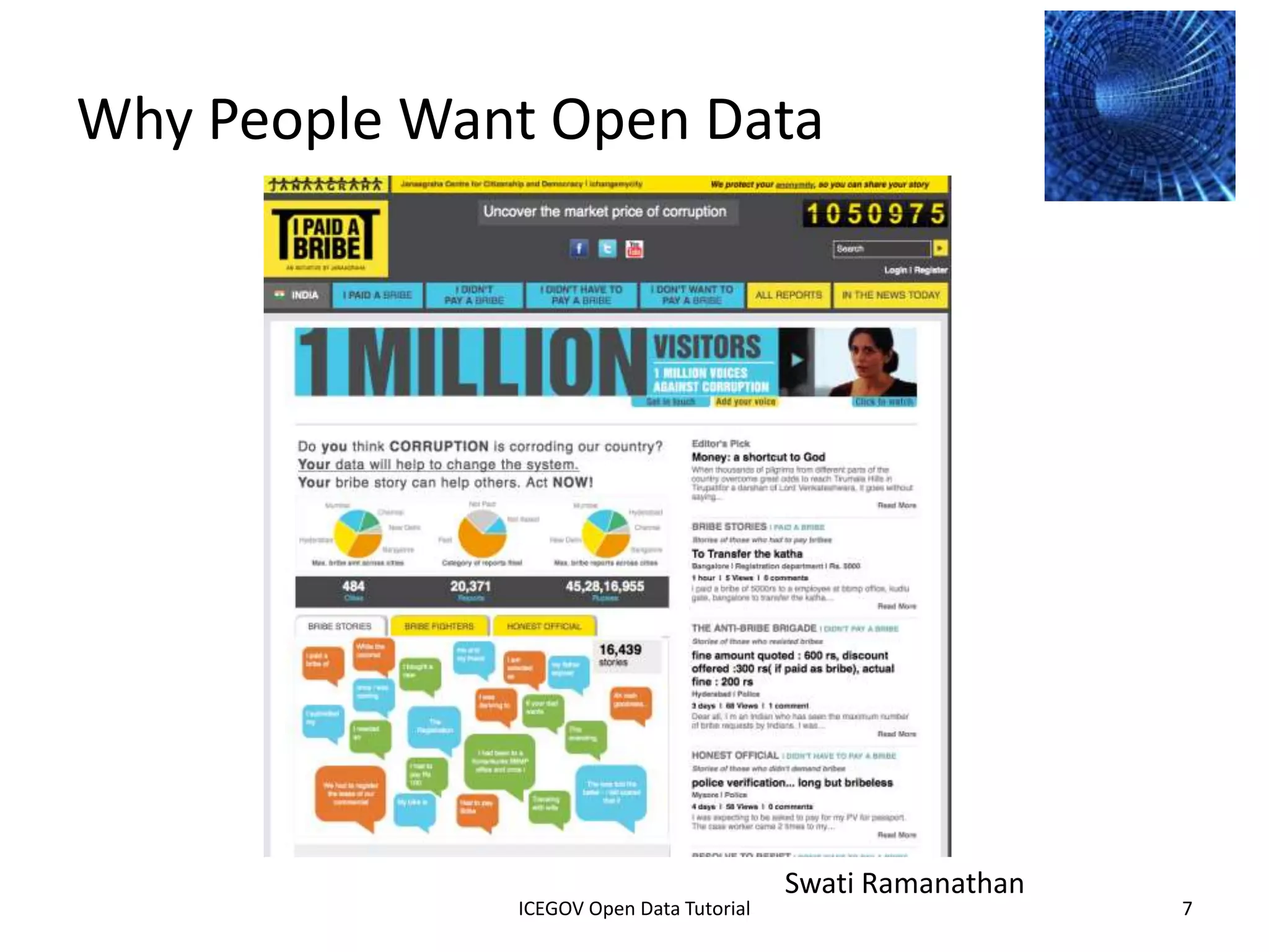 Why People Want Open Data




                                                                Swati Ramanathan
              2012 INTERNATIONAL OPEN GOVERNMENT DATA CONFERENCE—OPEN GOV DATA TUTORIAL
9 July 2012                            ICEGOV Open Data Tutorial                          7
 