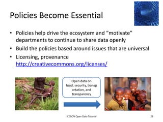 Processes
• Publication (and cleaning)
• Data reuse and integration
• Community input




              2012 INTERNATIONAL OPEN GOVERNMENT DATA CONFERENCE—OPEN GOV DATA TUTORIAL
9 July 2012                            ICEGOV Open Data Tutorial                          29
 