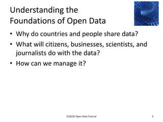 Understanding the
Foundations of Open Data
• Why do countries and people share data?
• What will citizens, businesses, scientists, and
  journalists do with the data?
• How can we manage it?




              2012 INTERNATIONAL OPEN GOVERNMENT DATA CONFERENCE—OPEN GOV DATA TUTORIAL
9 July 2012                            ICEGOV Open Data Tutorial                          3
 