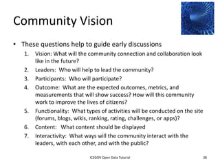 Creating Community
• Communities are public-facing
  spaces that present
  data, information, and subject
  matter knowledge about a single
  topic from many organizations in
  one place
    – The topics for communities can be
      chosen based on priorities from the
      public, departments based on their
      mission, or issues of national
      importance
              2012 INTERNATIONAL OPEN GOVERNMENT DATA CONFERENCE—OPEN GOV DATA TUTORIAL
9 July 2012                            ICEGOV Open Data Tutorial                          38
 