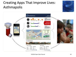 Publicizing Data to Innovators
• Challenges and code‐a-thons
  (health2challenge.org)
• Many innovator “meetups” and
  conferences
• Annual health data-paloozas
• Over 139 applications
• 50 new businesses
• Thousands of lives improved
  each day
• 1700 attendees at the Health
  Data Palooza in 2012




                2012 INTERNATIONAL OPEN GOVERNMENT DATA CONFERENCE—OPEN GOV DATA TUTORIAL
  9 July 2012                            ICEGOV Open Data Tutorial                          43
 