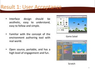 Result 1: User Acceptance
• Interface design should be
aesthetic, easy to understand,
easy to follow and simple.
• Familiar with the concept of the
environment authoring tool with
real world.

Game Salad

• Open source, portable, and has a
high level of engagement and fun.

Scratch
8

 